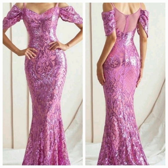 Violet Purple Contrast Mesh and Sequined , Spaghetti Strap, Mermaid Ma… - Picture 3 of 15